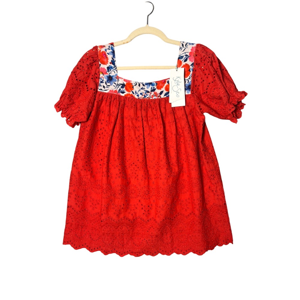 Kyla Seo Womens Scout Blouse Small Red Eyelet‎ Cotton Floral Boho Cottagecore